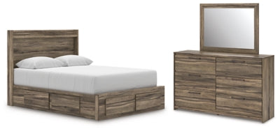 Cama Queen con panel de almacenamiento, cómoda y espejo Baystorm