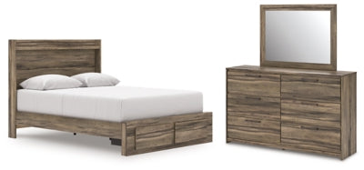 Cama Queen con panel de almacenamiento, cómoda y espejo Baystorm