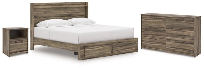Cama King con paneles y almacenaje, cómoda y mesita de noche Baystorm