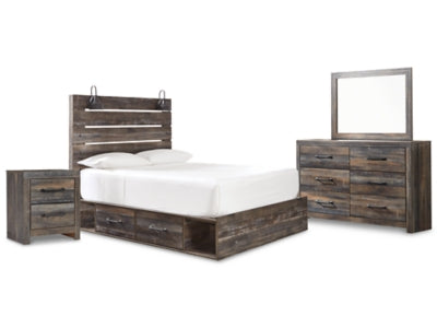 Cama de panel Queen Drystan con cómoda con espejo y mesita de noche