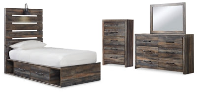 Cama doble Drystan con paneles, almacenaje, cómoda, espejo y chifonier