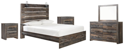 Cama Drystan Queen con panel, cómoda, espejo y 2 mesitas de noche