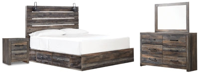 Cama con paneles Drystan King con almacenamiento bajo la cama, cómoda, espejo y mesita de noche
