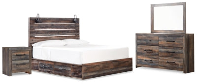 Drystan Queen Panel Bed with Storage, Dresser and Mirror