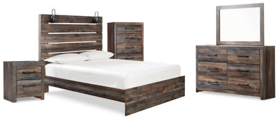 Cama Queen Drystan (panel), cómoda, espejo, chifonier y mesita de noche