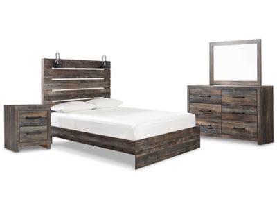 Cama Drystan Queen con panel, cómoda, espejo y mesita de noche