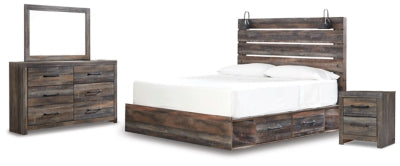 Cama de panel Drystan King con almacenaje, cómoda, espejo y mesita de noche