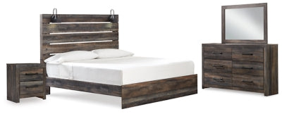 Cama con paneles, cómoda, espejo y mesita de noche Drystan King