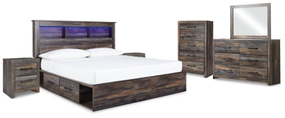 Cama con almacenaje King, cómoda, espejo, baúl y 2 mesitas de noche Drystan