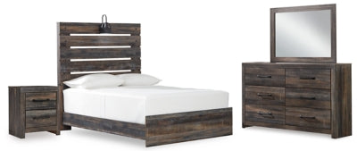 Cama Drystan de panel completo, cómoda, espejo y mesita de noche