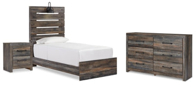 Cama Drystan de dos paneles, cómoda y mesita de noche