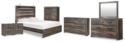 Cama Drystan Queen con cabecero y pie de cama, 2 cómodas, espejo, sinfonier y 2 mesitas de noche