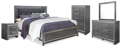 Cama tapizada tamaño King Lodanna con cabecera, cómoda, espejo, cajonera y mesa de noche