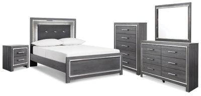 Cama de panel completo Lodanna, tocador, espejo, cómoda y mesita de noche