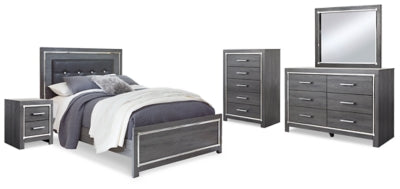 Cama de paneles Queen Lodanna, tocador, espejo, cómoda y mesita de noche