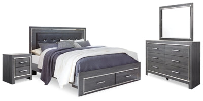 Cama de paneles tapizados Queen Lodanna, tocador, espejo y mesita de noche