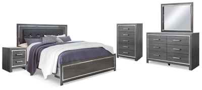 Cama Lodanna King con paneles, cómoda, espejo, arcón y 2 mesitas de noche