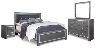 Cama tapizada tamaño king, cómoda, espejo y mesita de noche Lodanna