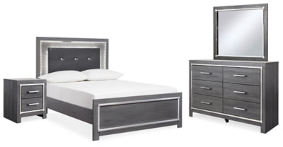 Cama tapizada con panel completo Lodanna, cómoda, espejo y mesita de noche
