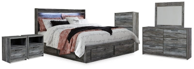 Cama Kingsize Baystorm con almacenaje, cómoda, espejo, chiffonier y 2 mesitas de noche