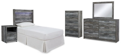 Cama, tocador, espejo y mesita de noche Baystorm con cabecero de doble panel