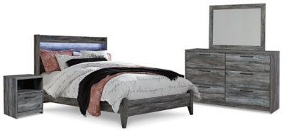 Cama de panel Queen, cómoda, espejo y mesita de noche Baystorm