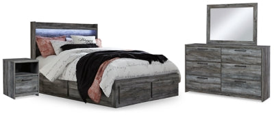 Cama Queen Baystorm con 2 Cajones de Almacenamiento Laterales, Cómoda, Espejo y Mesita de Noche