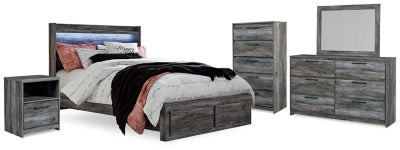 Cama de almacenamiento Baystorm Queen con panel, cómoda, espejo, baúl y 2 mesitas de noche