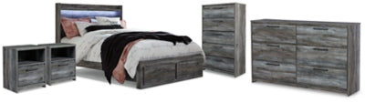 Cama con almacenaje King Baystorm, cómoda, armario y 2 mesitas de noche