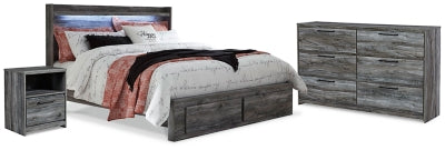 Cama King con paneles y almacenaje, cómoda y mesita de noche Baystorm