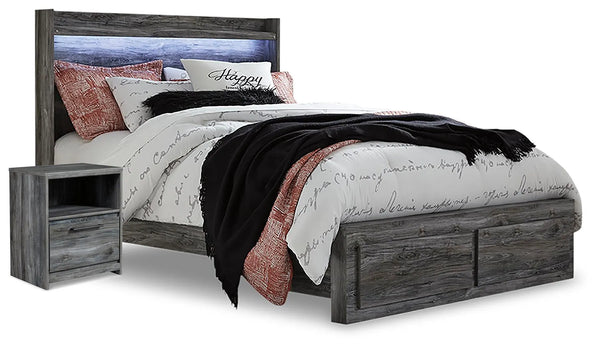 Cama Baystorm Queen con panel de almacenaje y mesita de noche