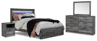 Cama Queen Baystorm con almacenaje, cómoda con espejo y mesita de noche