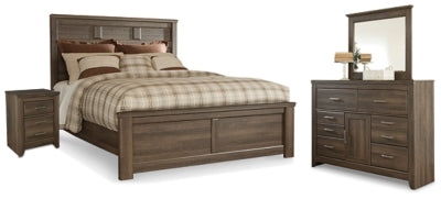 Cama con panel Queen, cómoda, espejo y mesita de noche Juararo