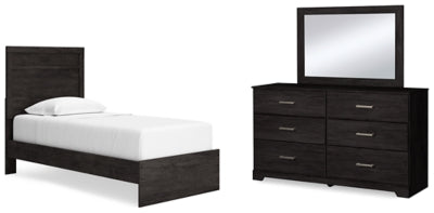 Cama de dos paneles, cómoda y espejo Belachime