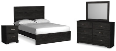Cama Queen, cómoda, espejo y mesita de noche Belachime