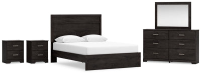 Cama Queen Belachime con panel, cómoda, espejo y 2 mesitas de noche