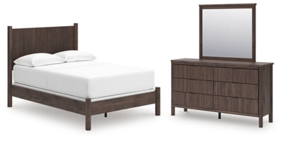 Cama Cadmori de panel completo, cómoda y espejo