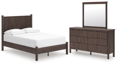 Cama con plataforma de panel completo, cómoda y espejo Cadmori