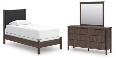 Cama Cadmori Twin con paneles tapizados, cómoda y espejo