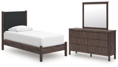 Cama de plataforma tapizada individual, cómoda y espejo Cadmori