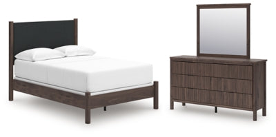Cadmori Full Upholstered Panel Bed, Dresser and Mirror