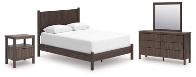 Cama con panel Queen, cómoda, espejo y mesita de noche Cadmori