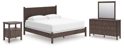 Cama de paneles Cadmori King, cómoda, espejo y mesita de noche