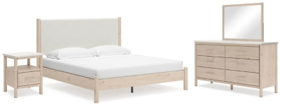 Cama con paneles tapizados tamaño King, cómoda, espejo y mesita de noche Cadmori