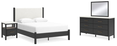 Cama con panel Queen, cómoda, espejo y mesita de noche Cadmori