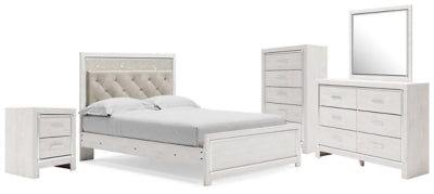 Altyra Queen Upholstered Panel Bed, Dresser, Mirror, Chest and Nightstand
