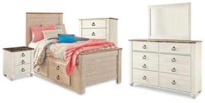 Cama doble Willowton con almacenamiento, cómoda, espejo, arcón y mesita de noche