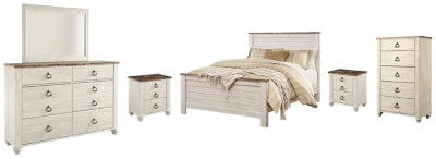 Cama de panel Willowton Queen, tocador, espejo, cómoda y 2 mesitas de noche