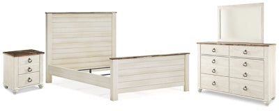 Cama Queen con paneles, cómoda, espejo y mesita de noche Willowton