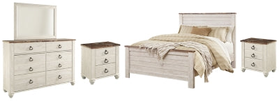 Cama de panel Queen, cómoda, espejo y 2 mesitas de noche Willowton